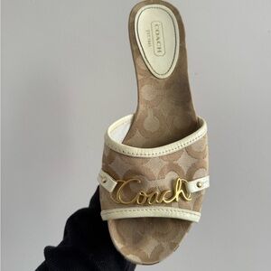 Coach Beige Logo Slide Mule with Gold Script Hardware